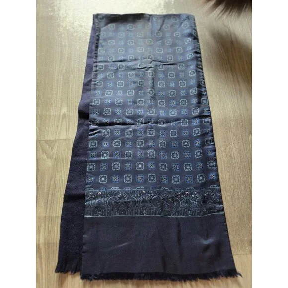 Vintage Cisco Blue Silk & Cashmere Wool Reversible Scarf - Picture 2 of 4